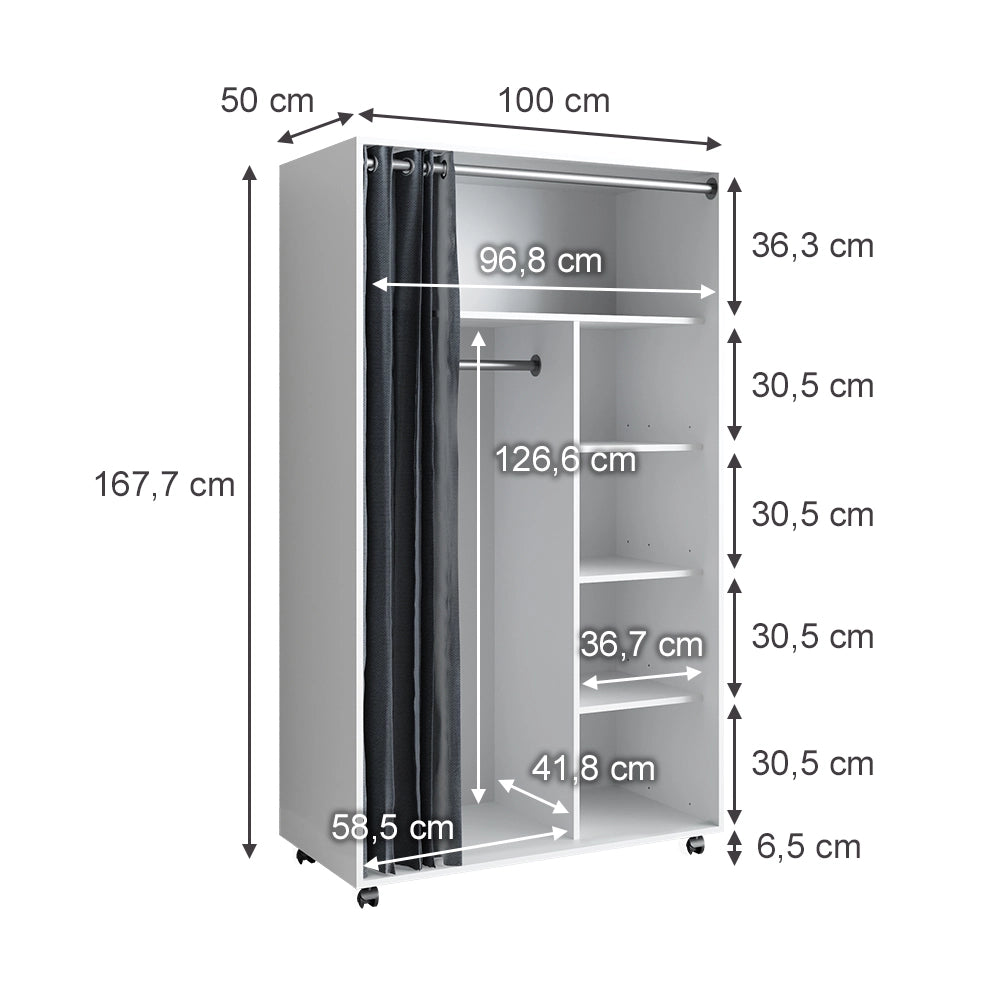 Vicco Armadio multifunzione Bianco 100 x 168 cm Con rulli