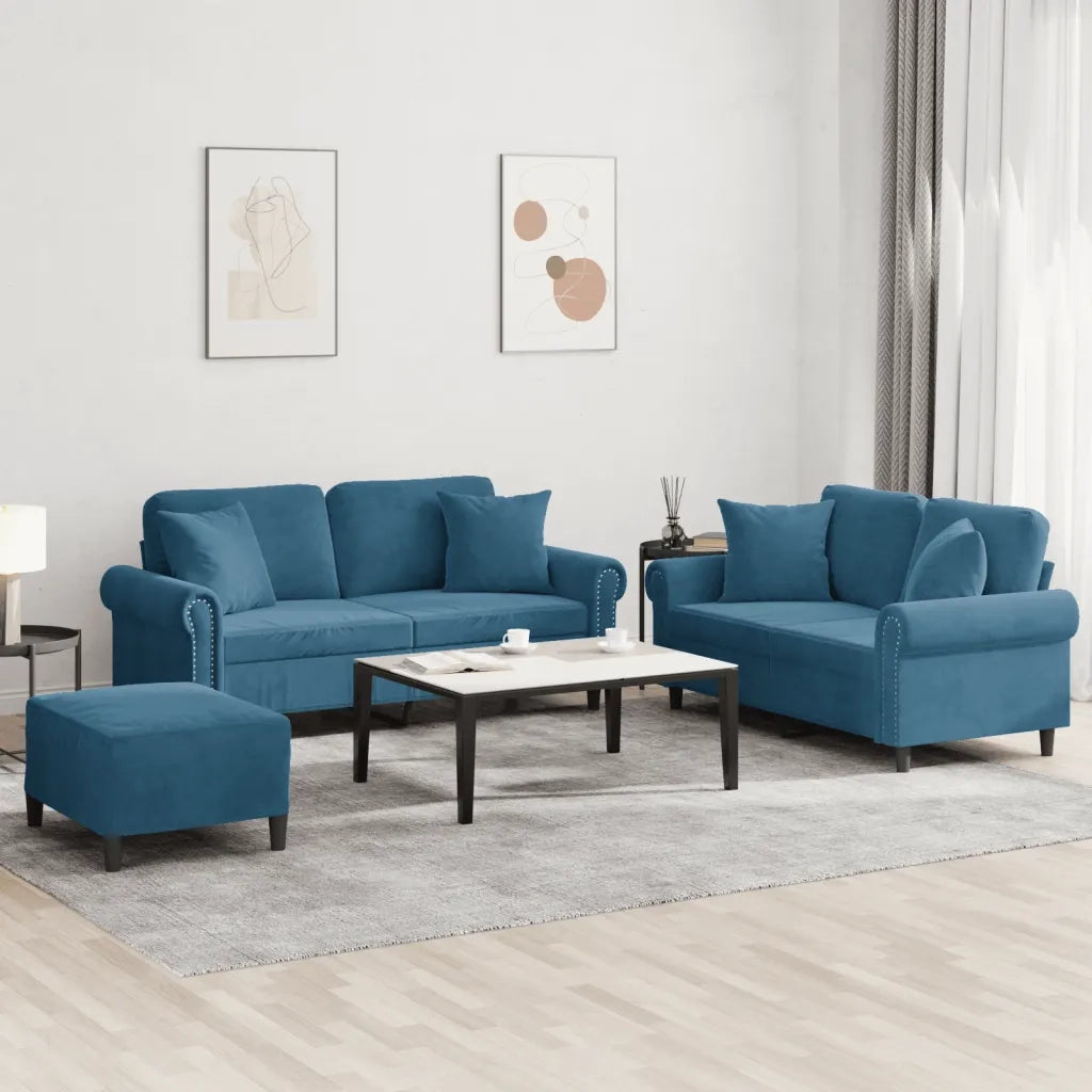 Set di Divani 3 pz con Cuscini Blu in Velluto 3202249