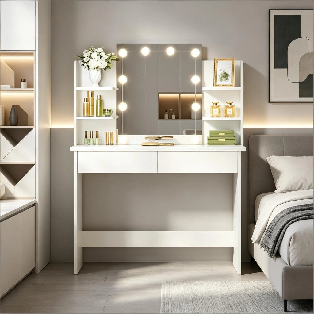 Toeletta con specchio LED e doppio cassetto, 4 ripiani in legno e plastica bianca per camera da letto, 40 × 90 × 135 cm