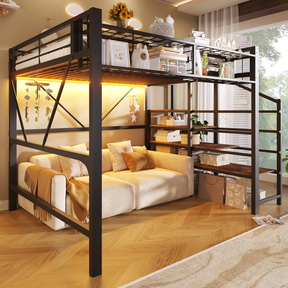 Letto a Soppalco con LED ¨C MINIMAL ¨C Metallo Nero 140x200, Gradini, Contenitore