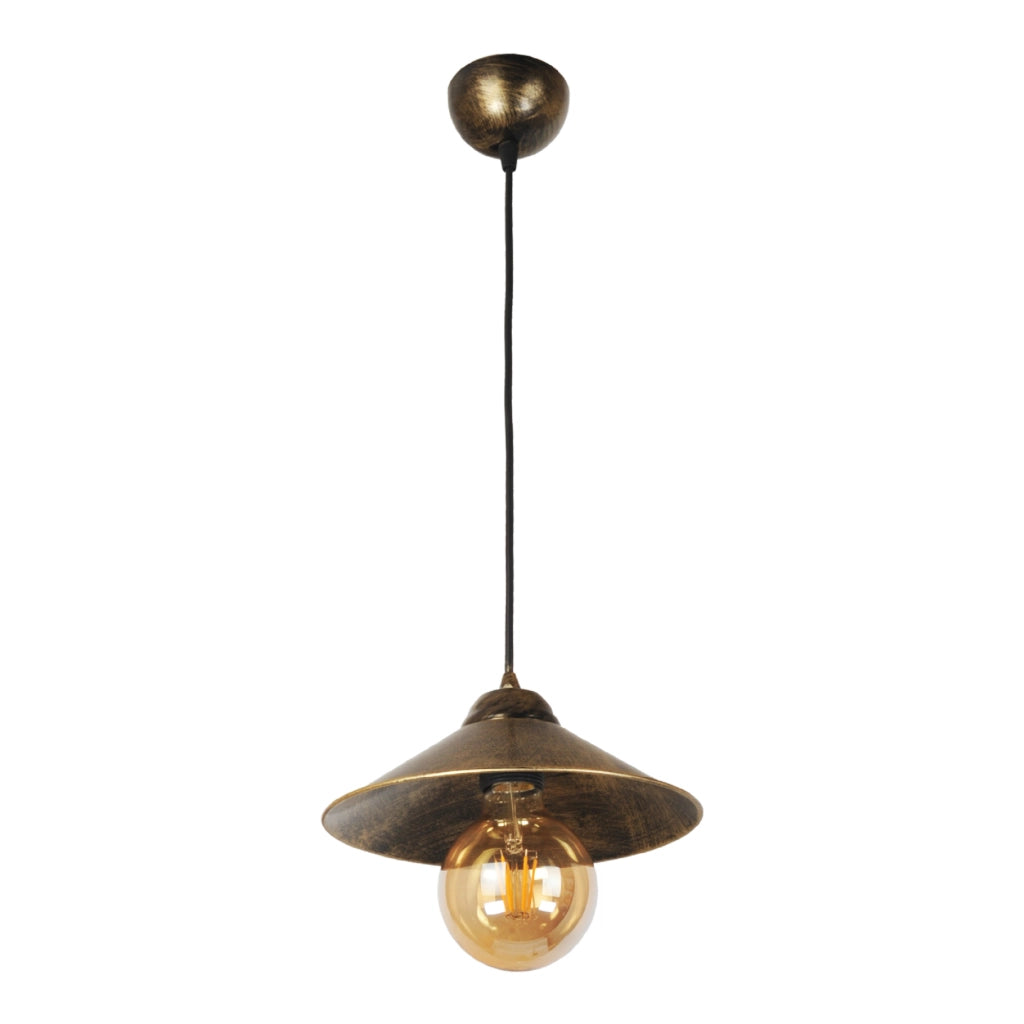 Lampada a Sospensione 'Aberaeron' Lampada Pendente con Paralume a Cono Piatto color Oro con Patina Nera - lux.pro