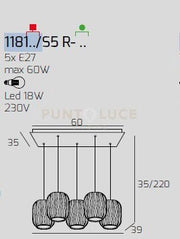 SOSPENSIONE CROMO 5 LUCI RETTANGOLARE VETRI TRASPARENTE 1181CR-S5 R-TR