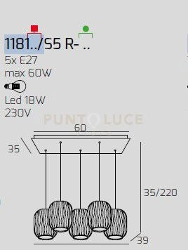 SOSPENSIONE CROMO 5 LUCI RETTANGOLARE VETRI TRASPARENTE 1181CR-S5 R-TR
