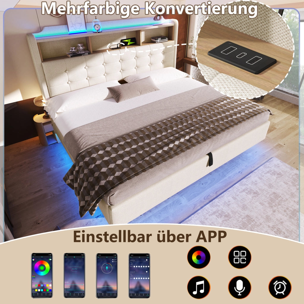 LETTO Imbottito 180x200 cm in lino beige con LED, USB e vano idraulico