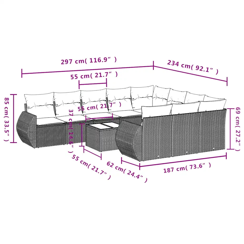 Set Divani da Giardino 11 pz con Cuscini Polyrattan Marrone 3254240