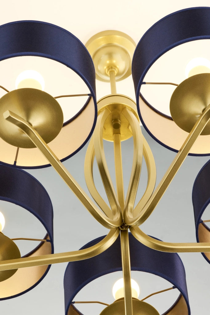 Lampadario classico oro 5 luci paralumi blu E27 Jupiter