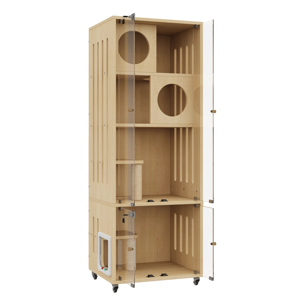 Mobile Casa per Gatti 60×50×156 cm con Porta in Vetro; Serratura; Ruote Bloccabili e Tiragraffi in Sisal