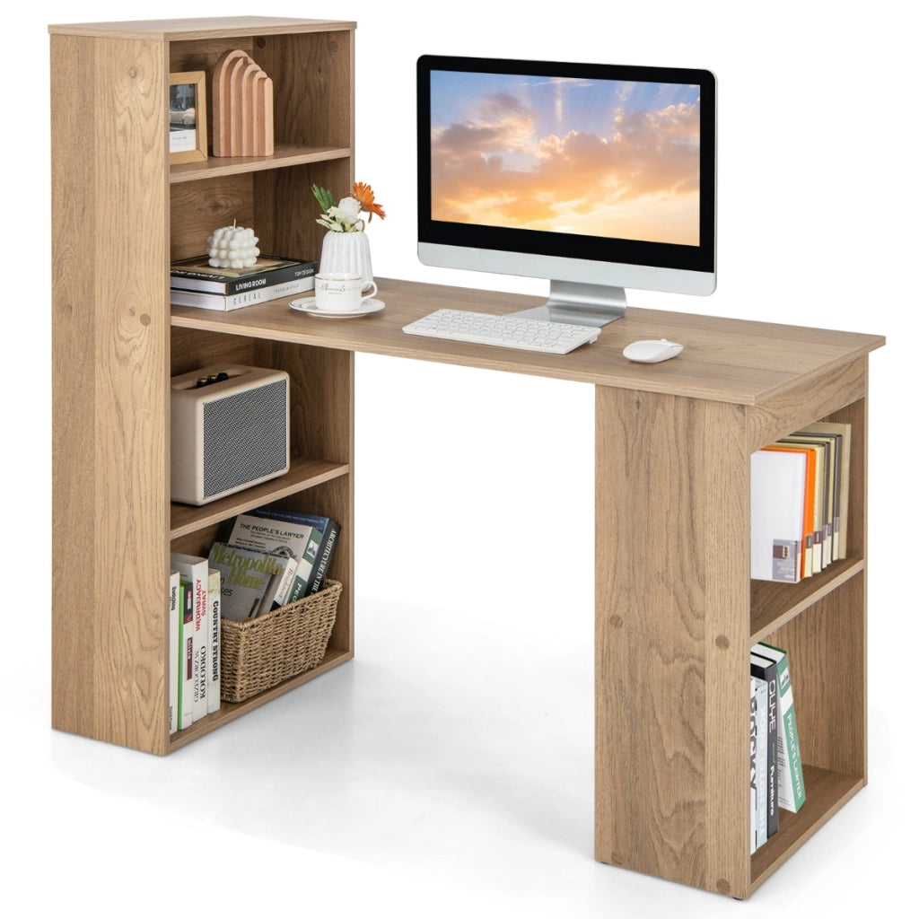 Scrivania per computer da 122cm con libreria, Postazione di studio moderna compatta con 6 ripiani Naturale