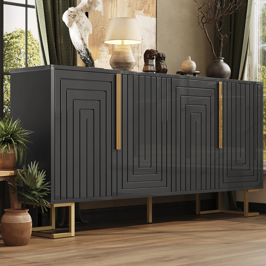 Credenza Sideboard ¨C MINIMAL ¨C Nero, Design Geometrico, Maniglie Dorate, 152x40x75 cm