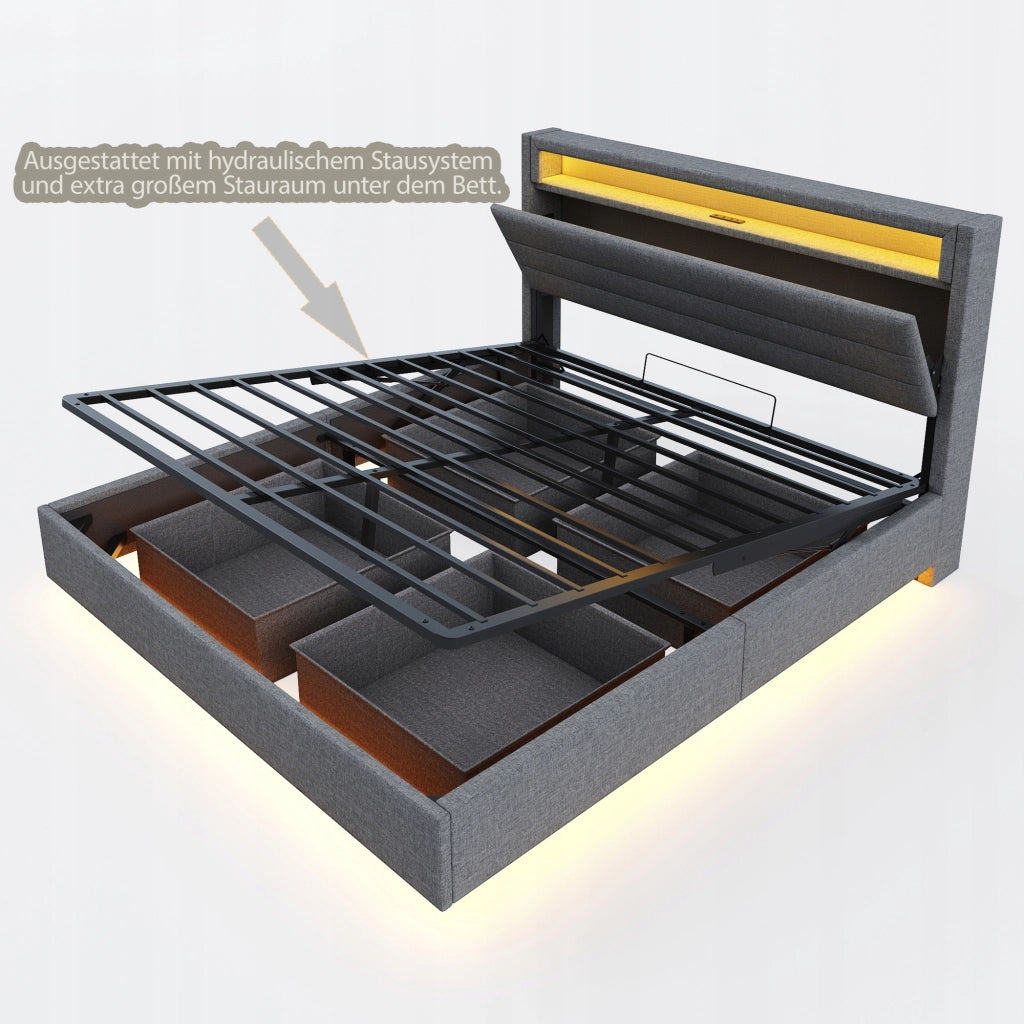 Letto imbottito 140x200 - Xylo - Grigio, struttura idraulica, LED, USB
