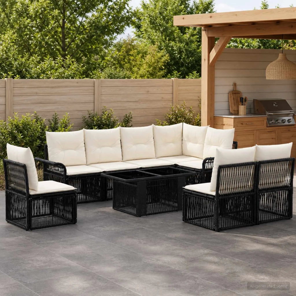 Set Divano da Giardino 9 pz Nero e Bianco Crema polyrattan 3436645