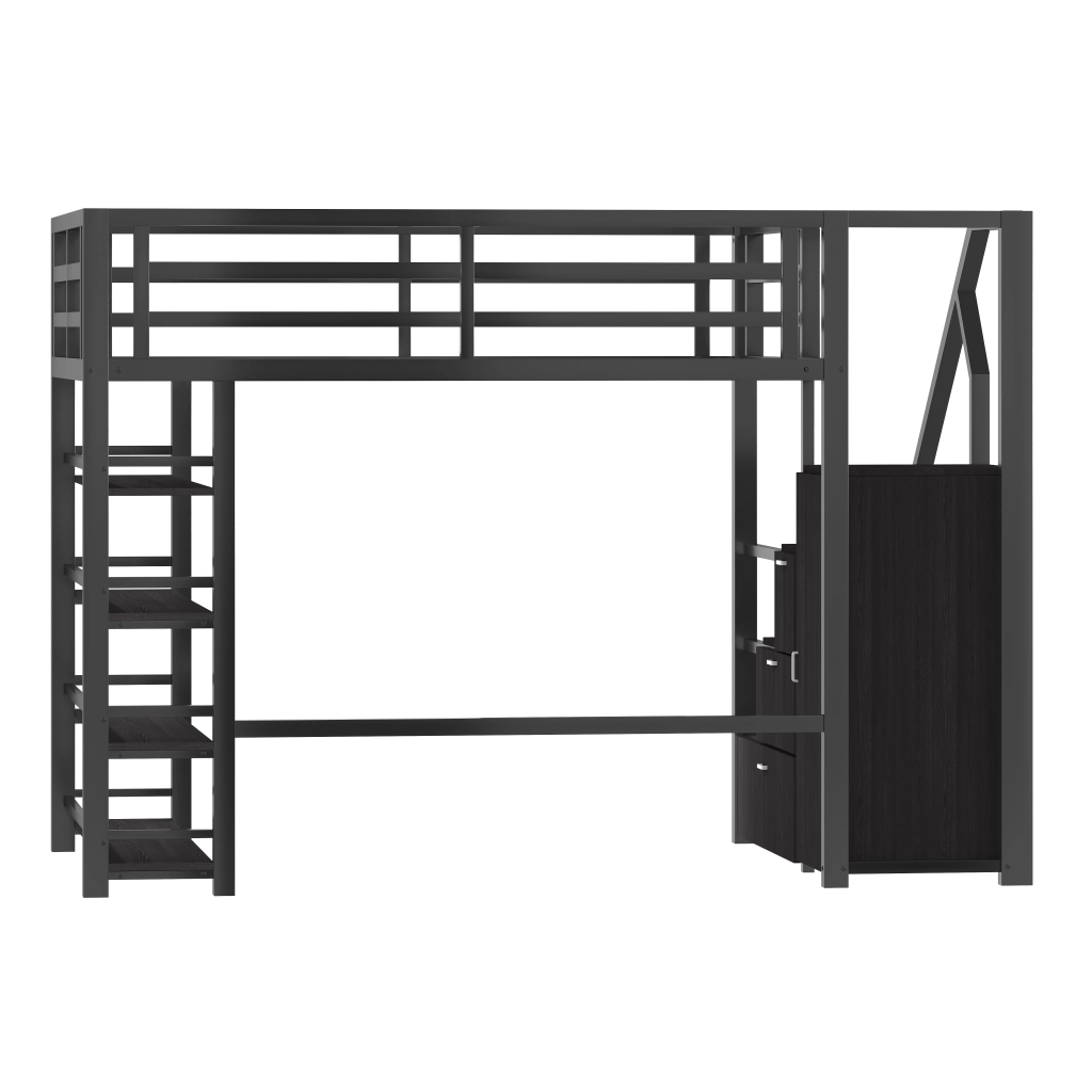 LETTO a soppalco 140x200 cm in metallo nero con LED e guardaroba
