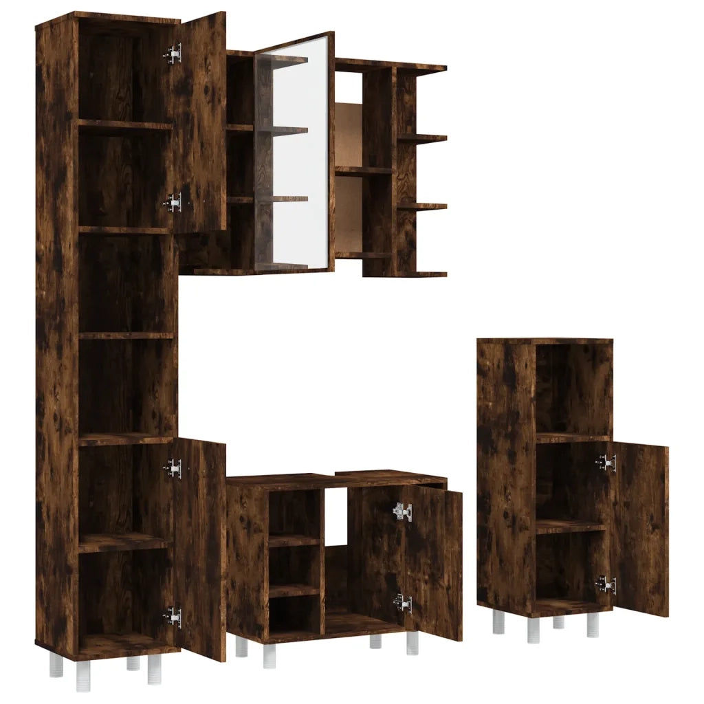 Set Mobili da Bagno | Armadio da bagno 4 pz Rovere Fumo in Legno Multistrato