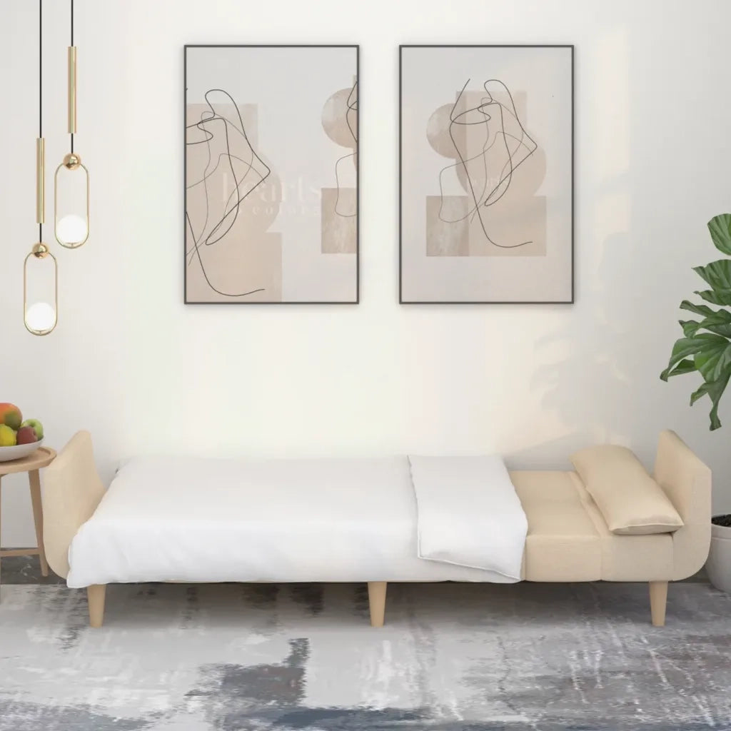 Divano Letto a 2 Posti con 2 Cuscini Crema in Tessuto 375872