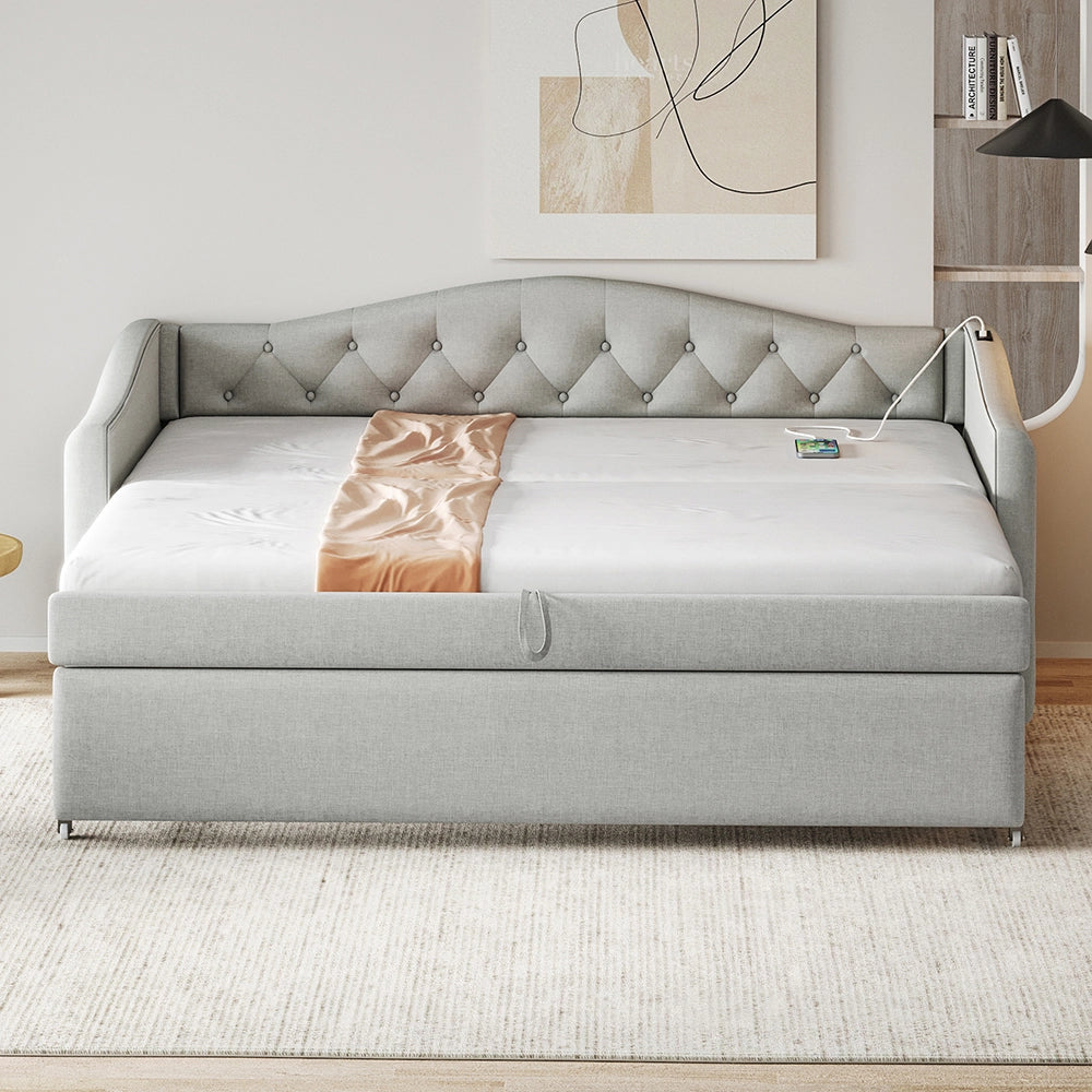 Letto estensibile 90x200 cm - Xylo - Grigio lino, USB, classico, con rete