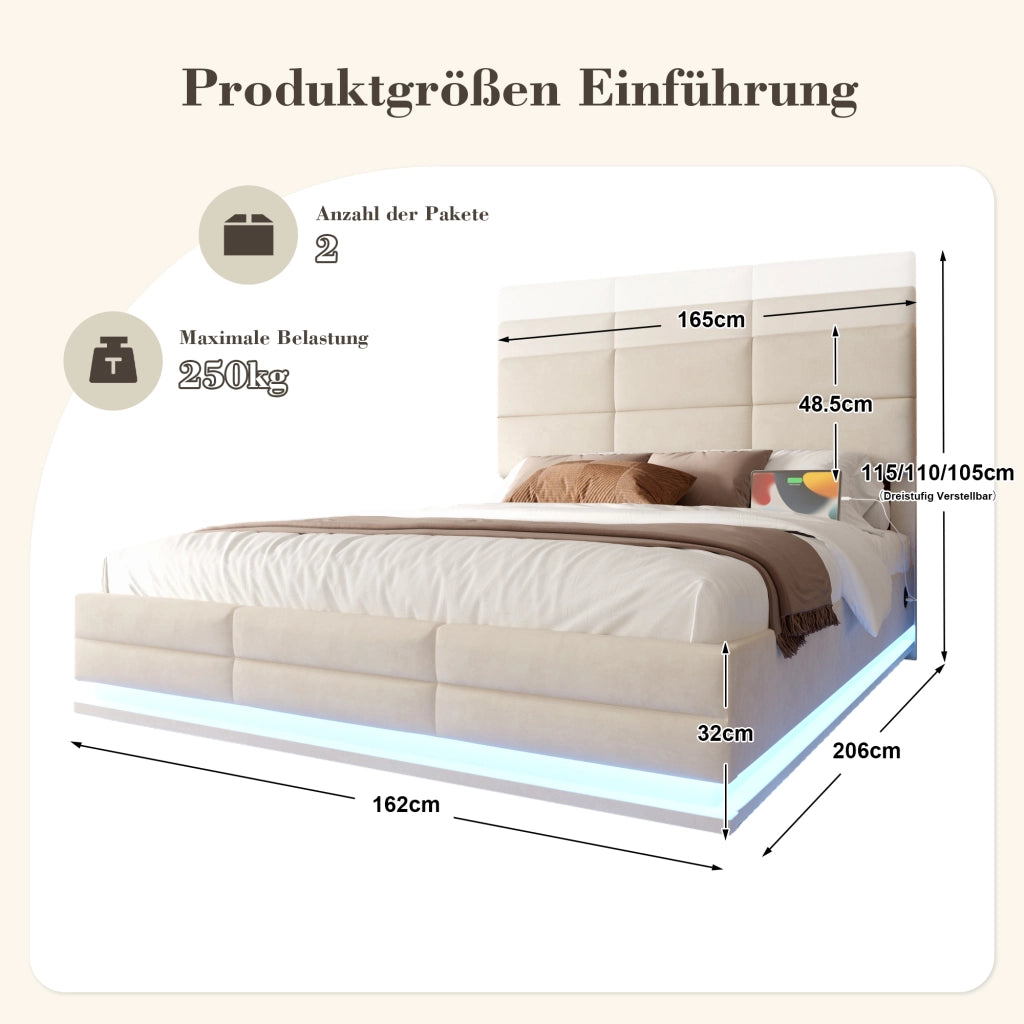 LETTO moderno 160x200 cm in velluto beige con LED, USB e contenitore