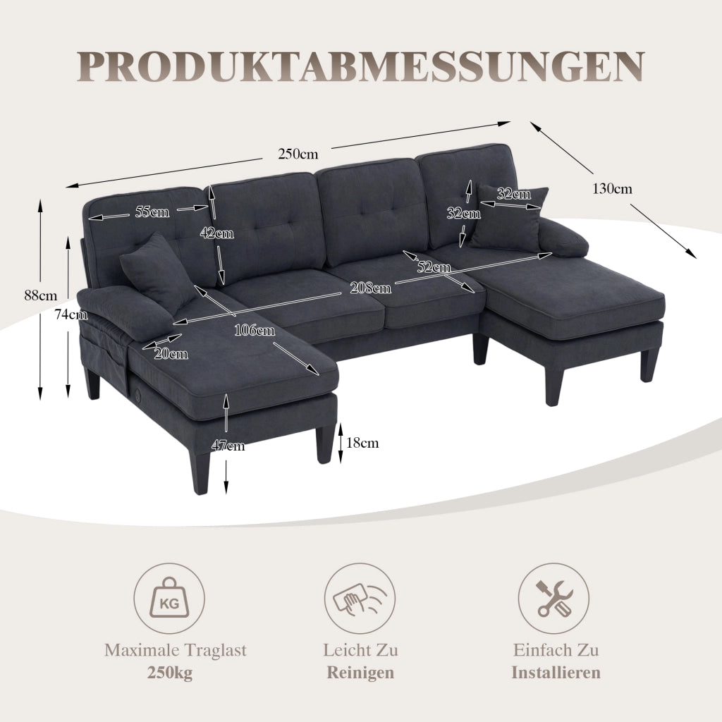 DIVANO U a 4 posti 250x130x88 cm in lino grigio scuro
