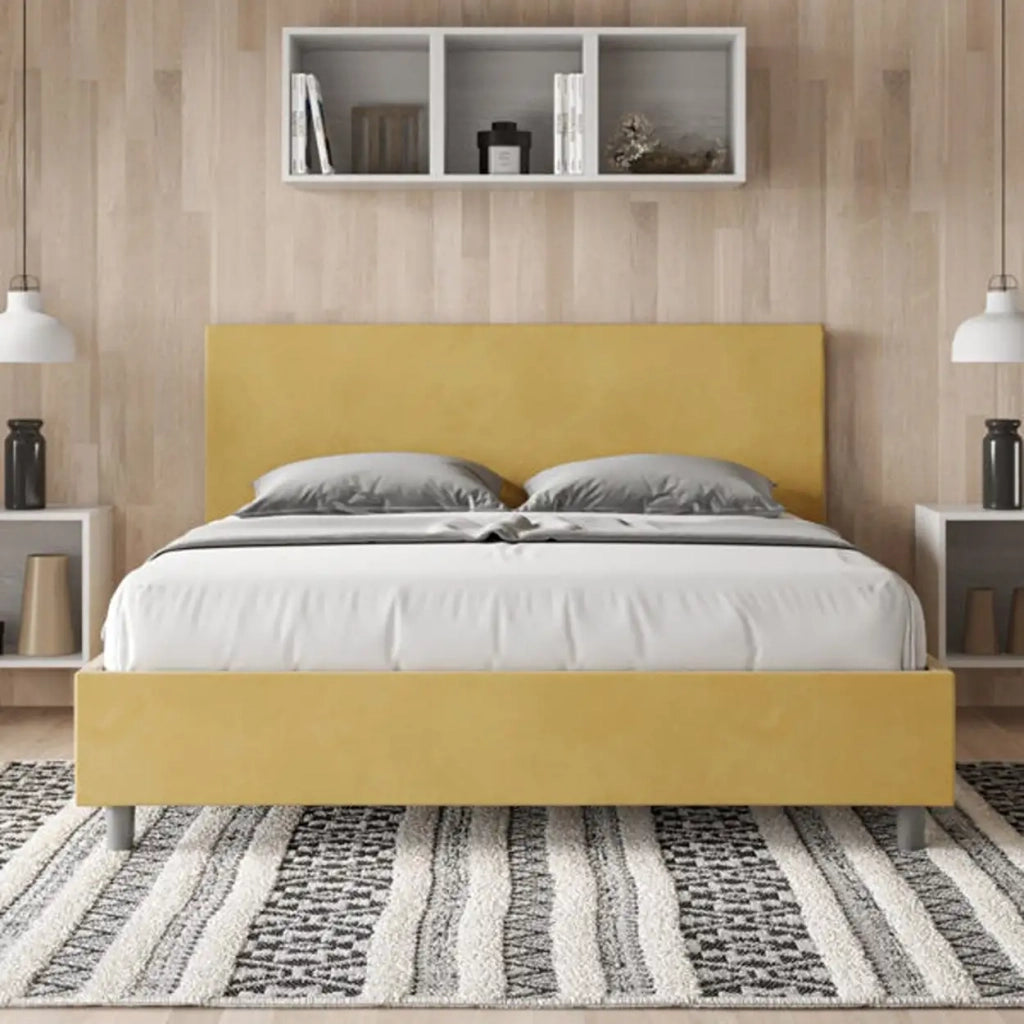 Letto matrimoniale contenitore imbottito 160x200 microfibra ocra Adele