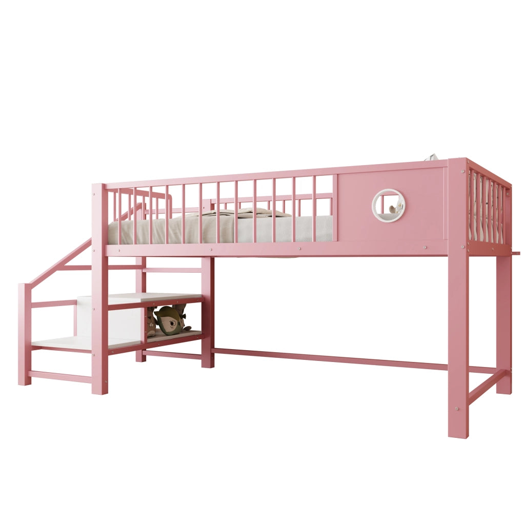 Letto basso per bambini rosa 90 x 200 cm; struttura metallica robusta; scala con riposticulo; per bambini e adolescenti