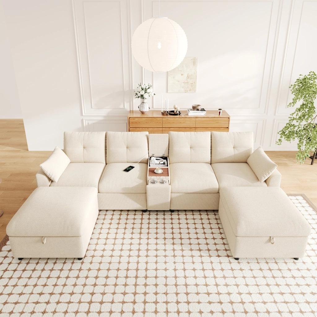 Divano angolare modulare 6 posti con 2 pouf contenitore e consolle centrale con USB e Type-C, in ciniglia beige
