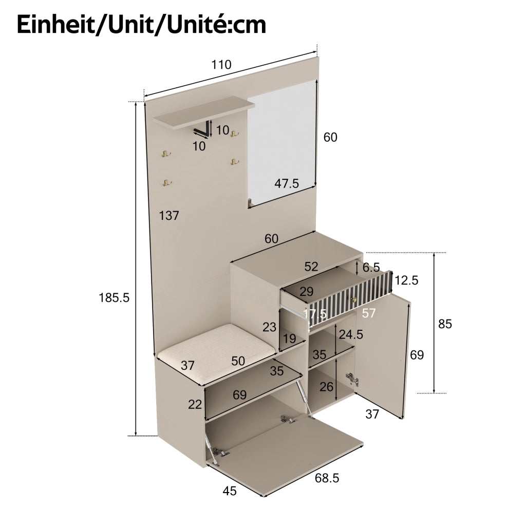 Mobile Ingresso con Specchio, Scarpiera e Panca ¨C MINIMAL ¨C 110x185,5x37