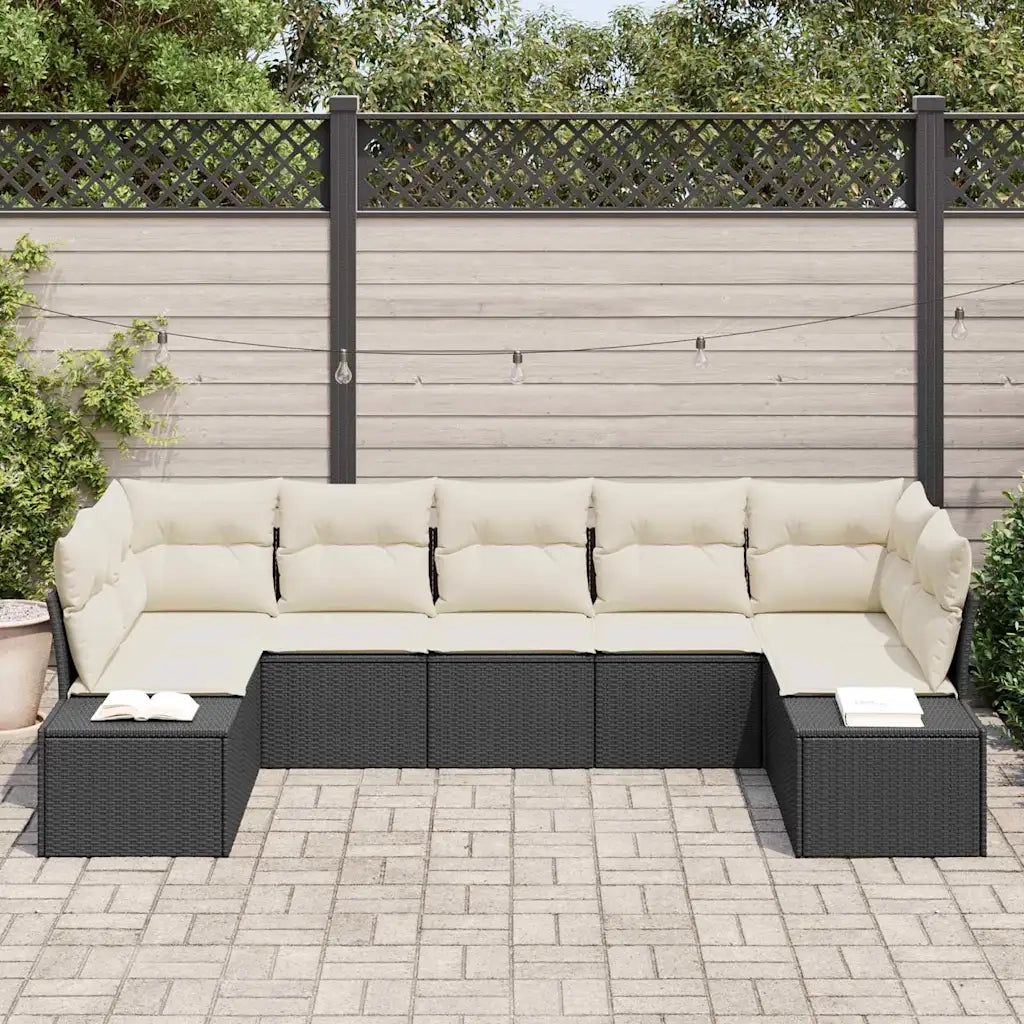 Set Divano da Giardino 7 pcs Nero e Crema Poly Rattan