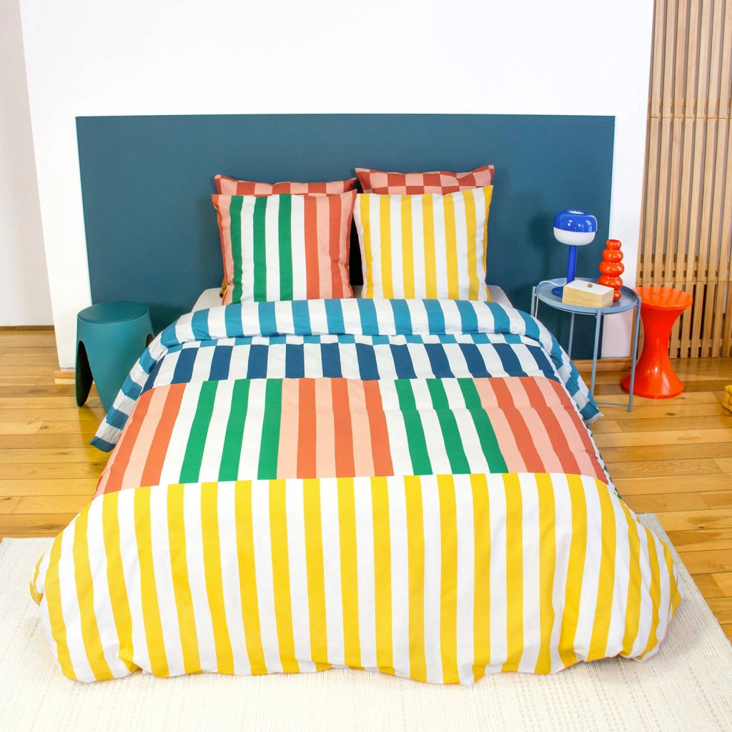 Set biancheria da letto in cotone a righe multicolori, 2 posti