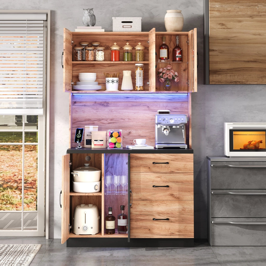 Pensile da Cucina con LED e Ripiani Regolabili ¨C Xylo ¨C Nero e Legno 105x40x180 cm