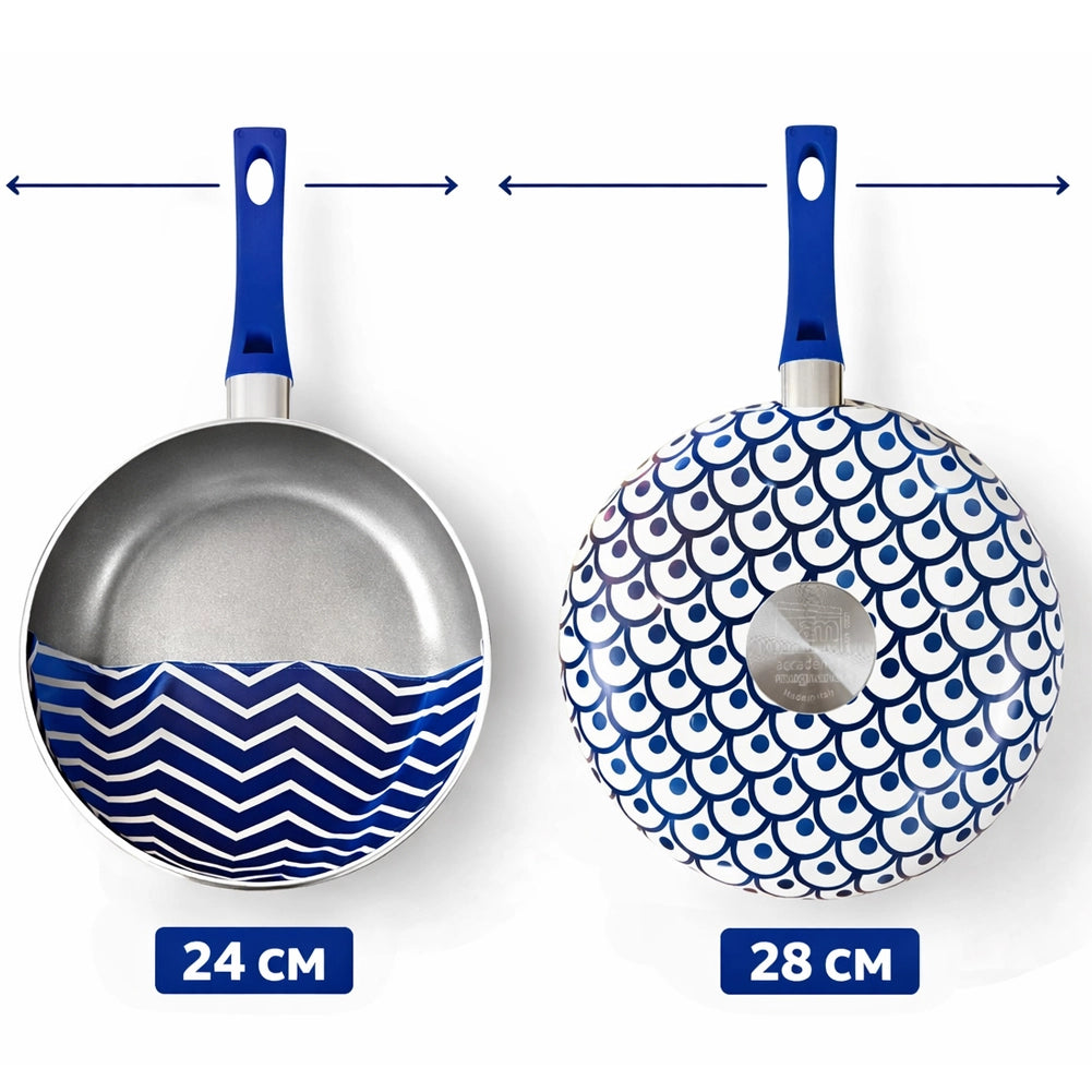 Set 2 Padelle Onda da 24 e 28 cm Antiaderenti Pentola con Manico Soft Touch Blu