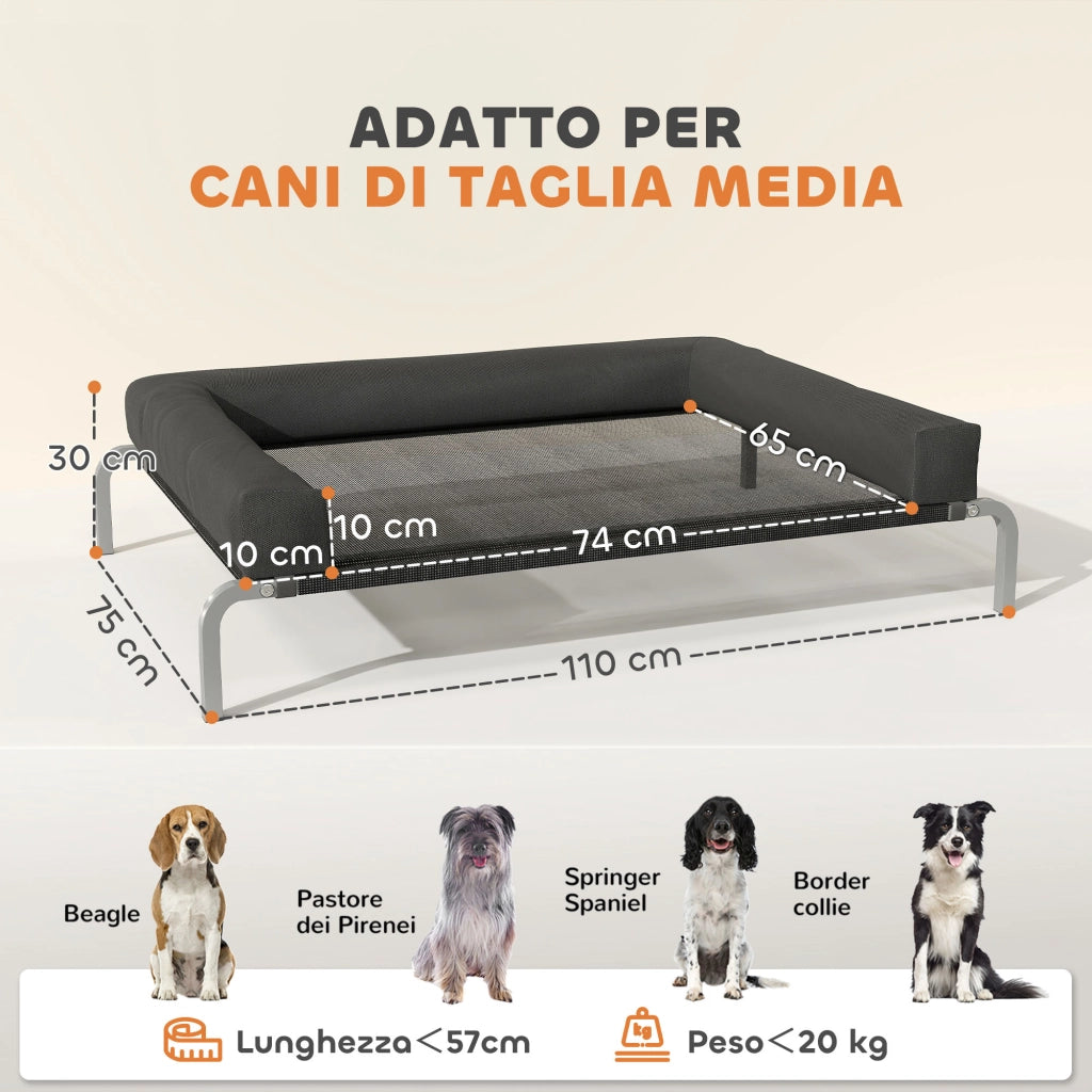 Lettino per Cani Rialzato con Cuscino ¨C Minimal ¨C Nero e Argento, Poliestere e Acciaio, 110x75x30 cm