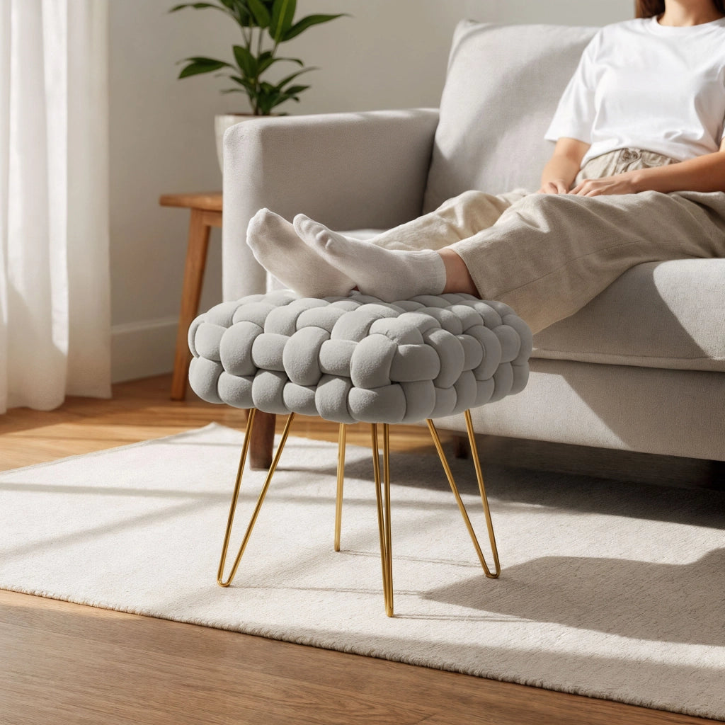 Pouf sgabello in velluto intrecciato 38 cm DOTTY Grigio Chiaro