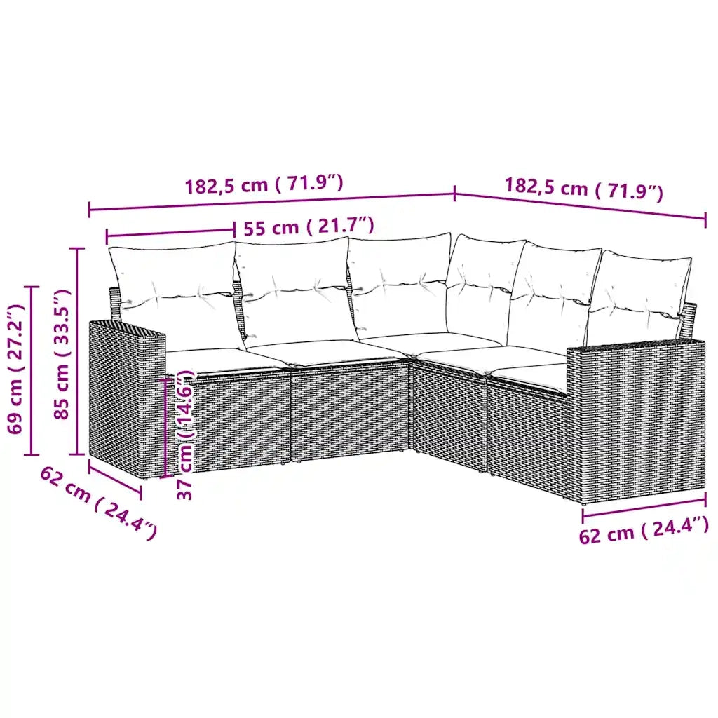 Set Divano da Giardino 5pz con Cuscini Grigio Chiaro Polyrattan