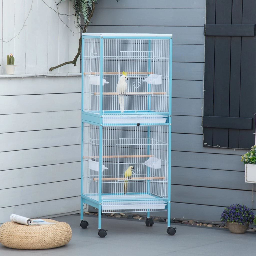 Gabbia per Uccelli a 2 Livelli con Ruote ¨C zephmum ¨C Blu 51.5x50x140 cm