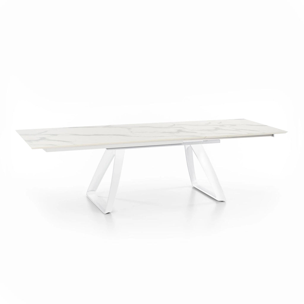 Tavolo Allungabile Barret 170/270x90 cm in HPL su MDF, Struttura con Gambe in Metallo Bianco e Top Marmo Calacatta - Arredo Moderno