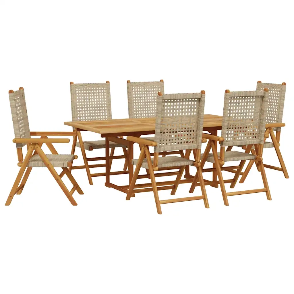 Set Pranzo da Giardino 7 pz Beige Polyrattan e Legno Massello