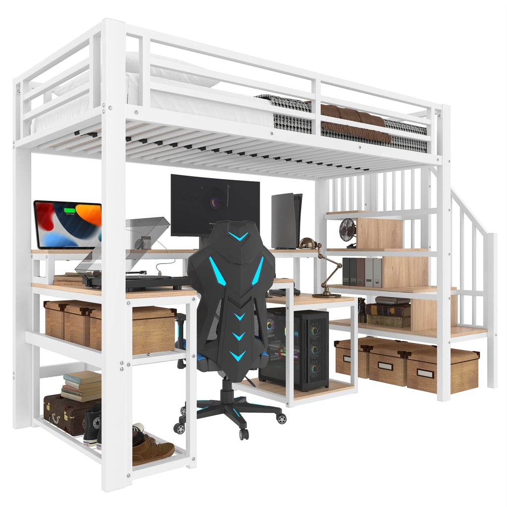 Letto a castello 90x200cm - Zephmum - Struttura in ferro, cassettiere, scale con contenitore, LED, scrivania USB, bianco