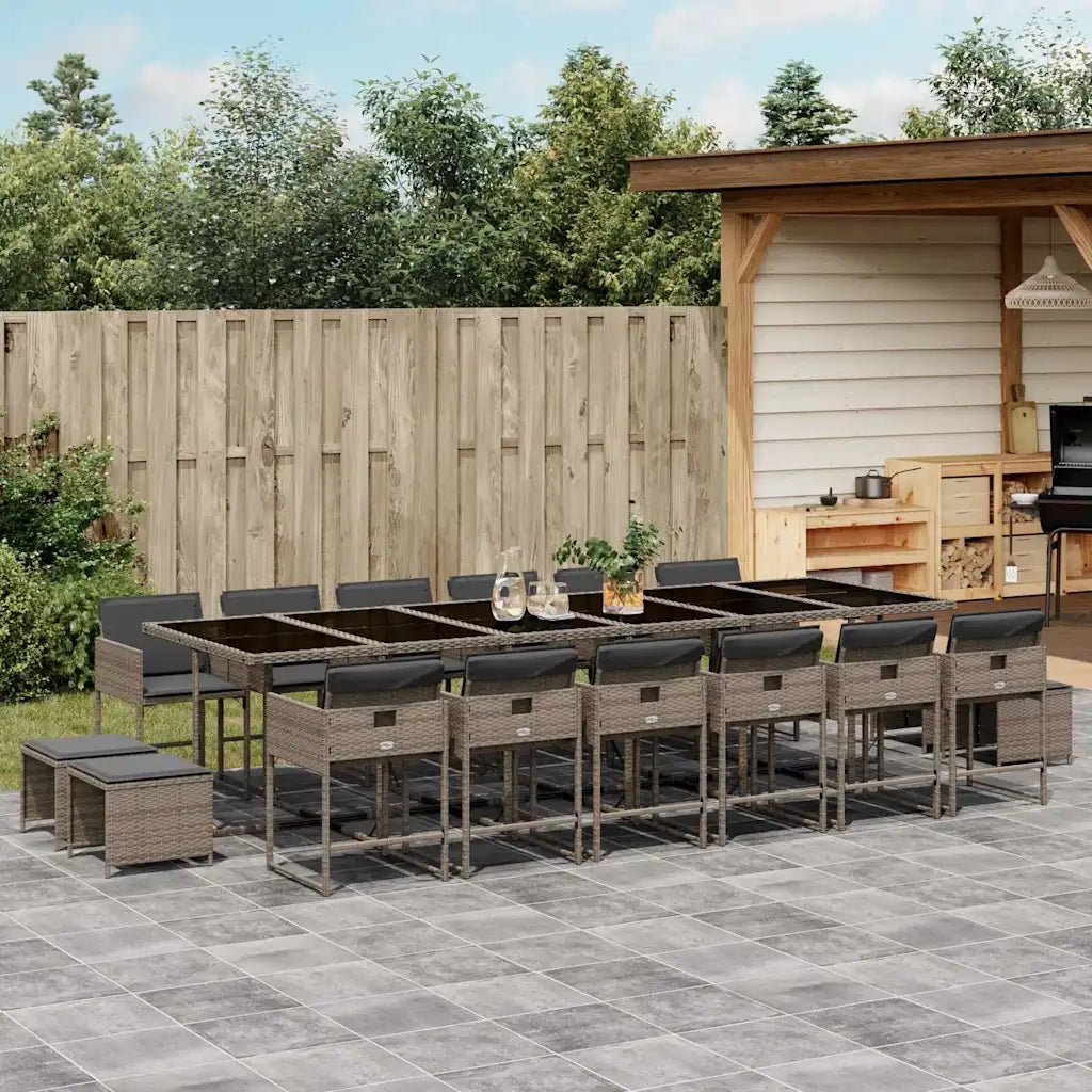 Set da Pranzo da Giardino 17pz con Cuscini Grigio in Polyrattan