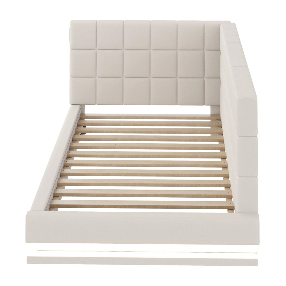 Divano letto 90x200cm - Xylo - velluto beige, LED, USB, doghe