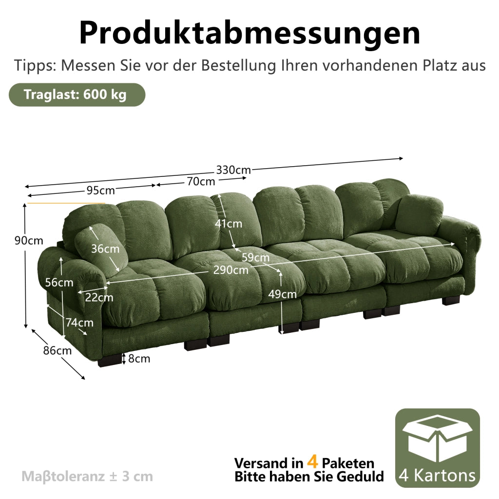 Divano modulare con seduta trapuntata e cuscino in chenille verde 330 × 86 × 90 cm