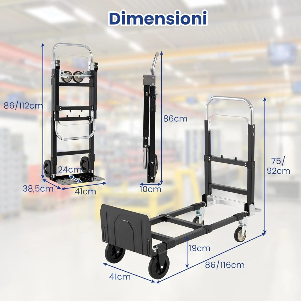 Carrello Pieghevole 3 in 1, Carrello a Mano e Piano Regolabile con Manico Retrattile e Lunghezza Regolabile, Capacità di Carico 272 kg, per Garage, Magazzino