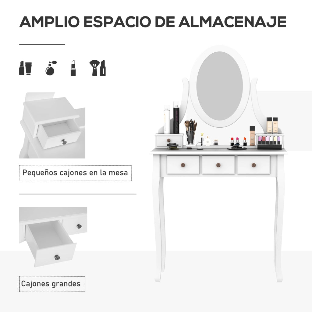 Cassettiera con Specchio e Sgabello ¨C Xylo ¨C 5 Cassetti Bianco MDF