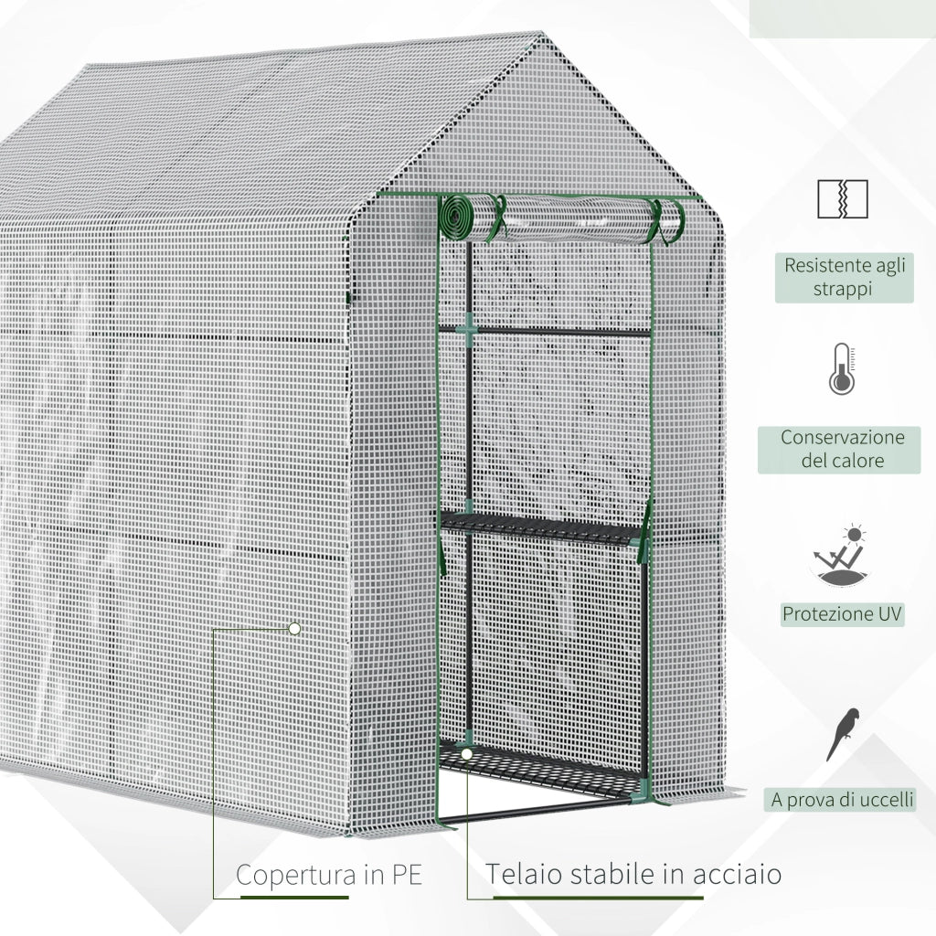 Serra da Giardino a Casetta con Rivestimento in PE ¨C Xylo ¨C 4 Ripiani, Porta a Cerniera, 186x120x190cm, Bianco