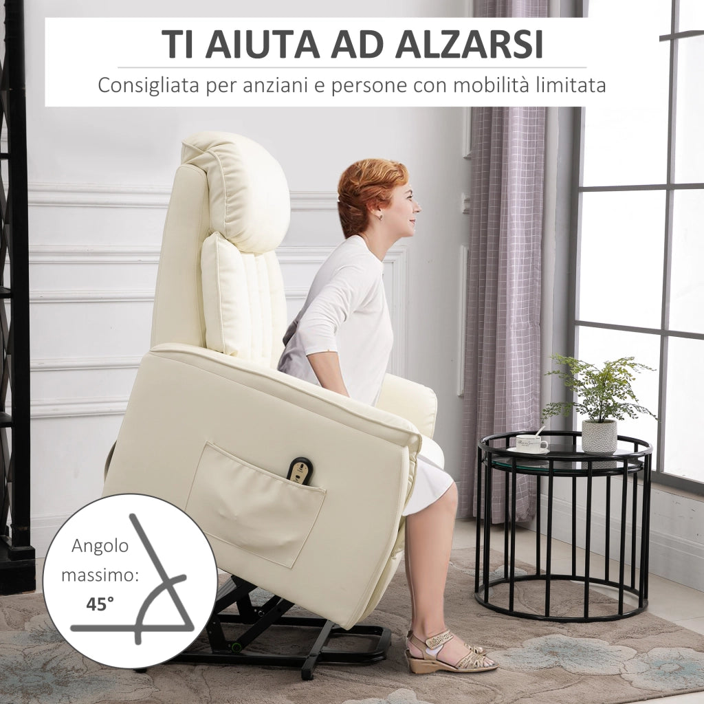 Poltrona Elettrica Reclinabile Alzapersona ¨C zephmum ¨C Crema Pelle PU con Telecomando e Poggiapiedi