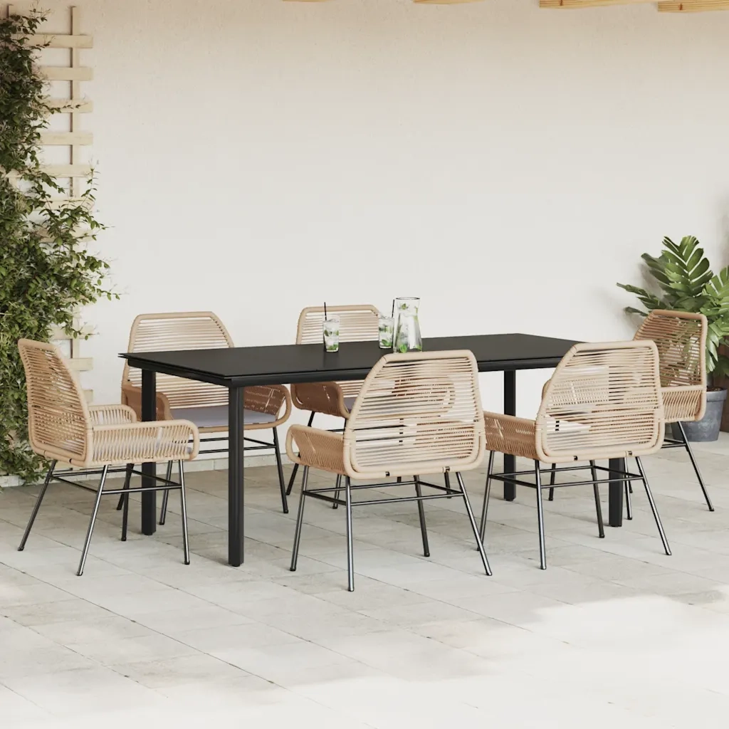 Set Pranzo da Giardino 7pz con Cuscini Marrone Polyrattan Vetro 3334574