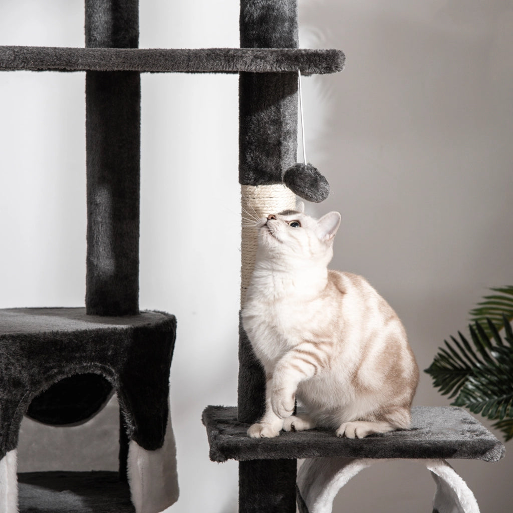 Albero Tiragraffi per Gatti Multilivello con Cucce e Amache ¨C Minimal ¨C Grigio Scuro e Bianco