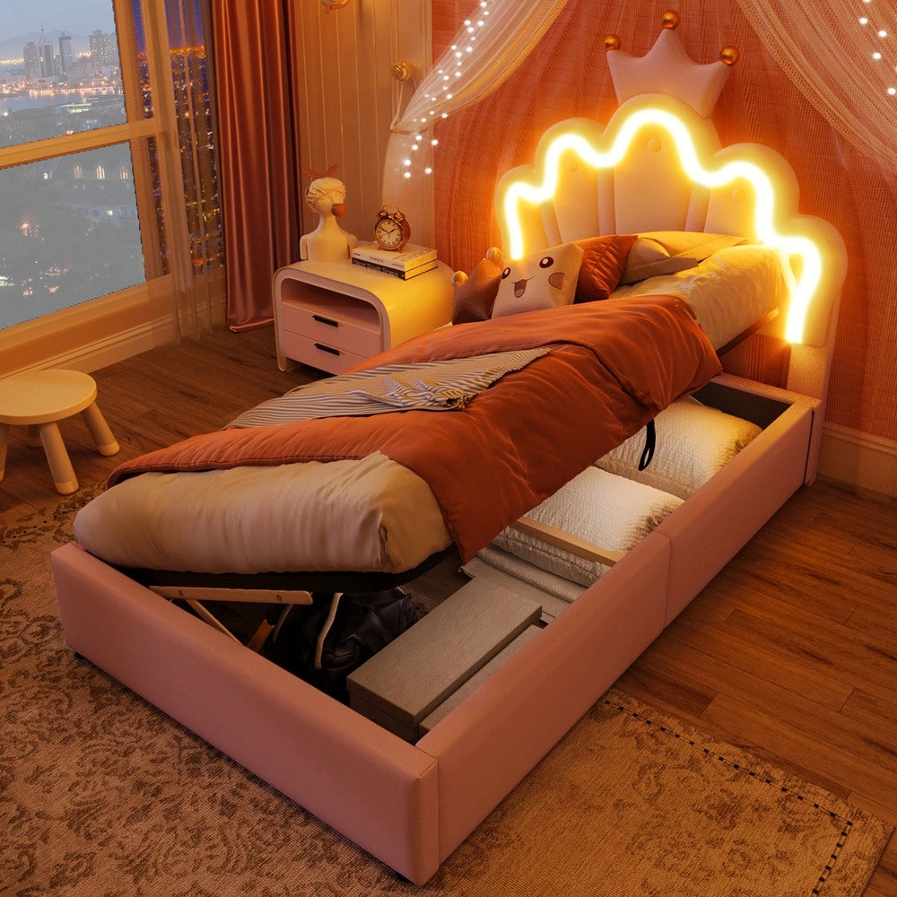 Letto Imbottito con LED e Alzata Idraulica ¨C MINIMAL ¨C Rosa, PU, 90x200