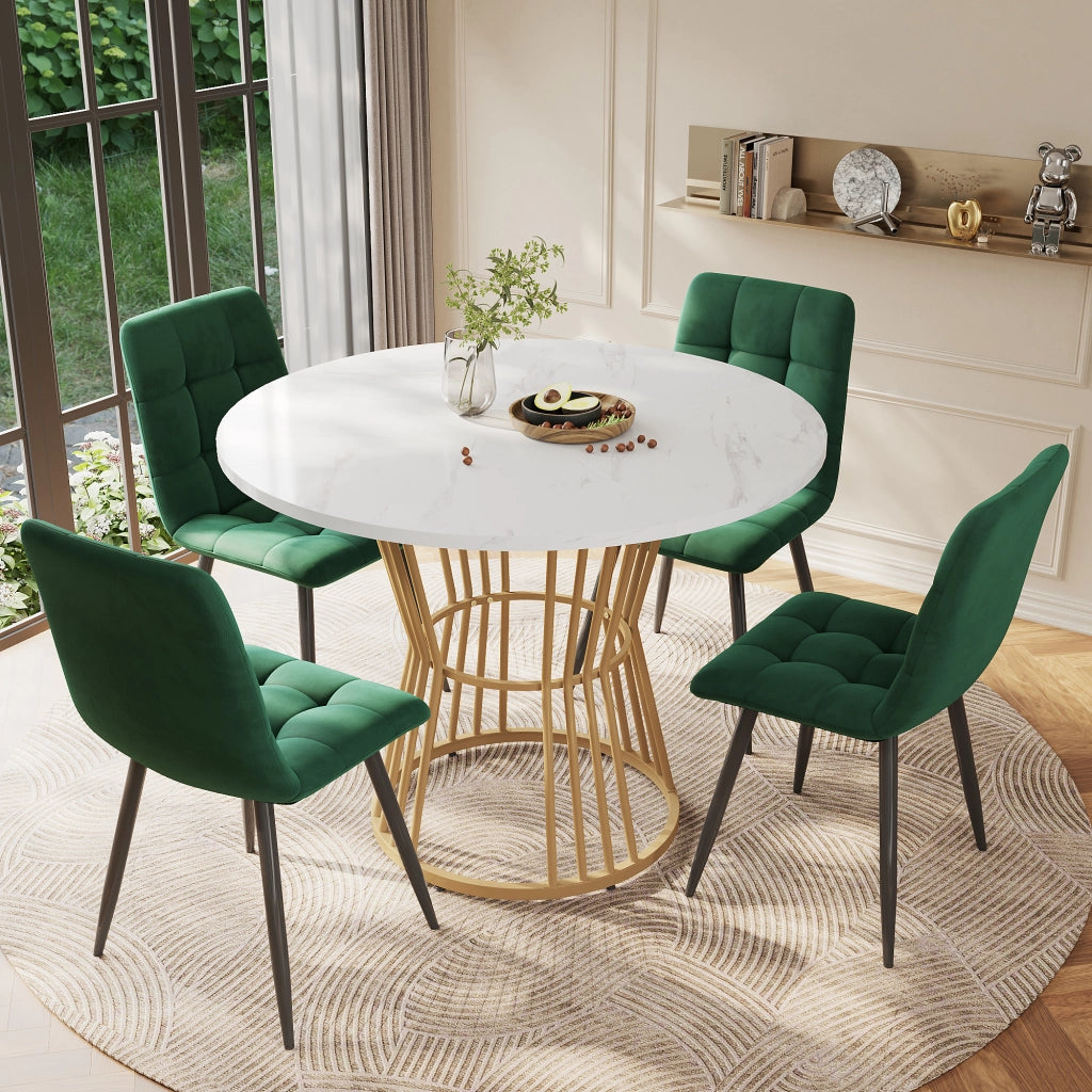 Set Tavolo da Pranzo Rotondo con 4 Sedie ¨C Xylo ¨C Piano Bianco MDF, Gambe Metallo Oro, Velluto Verde, ?100 cm