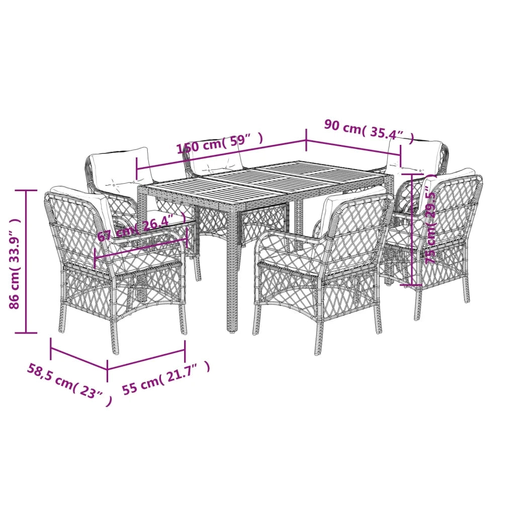 Set da Pranzo da Giardino 7 pz Nero con Cuscini in Polyrattan
