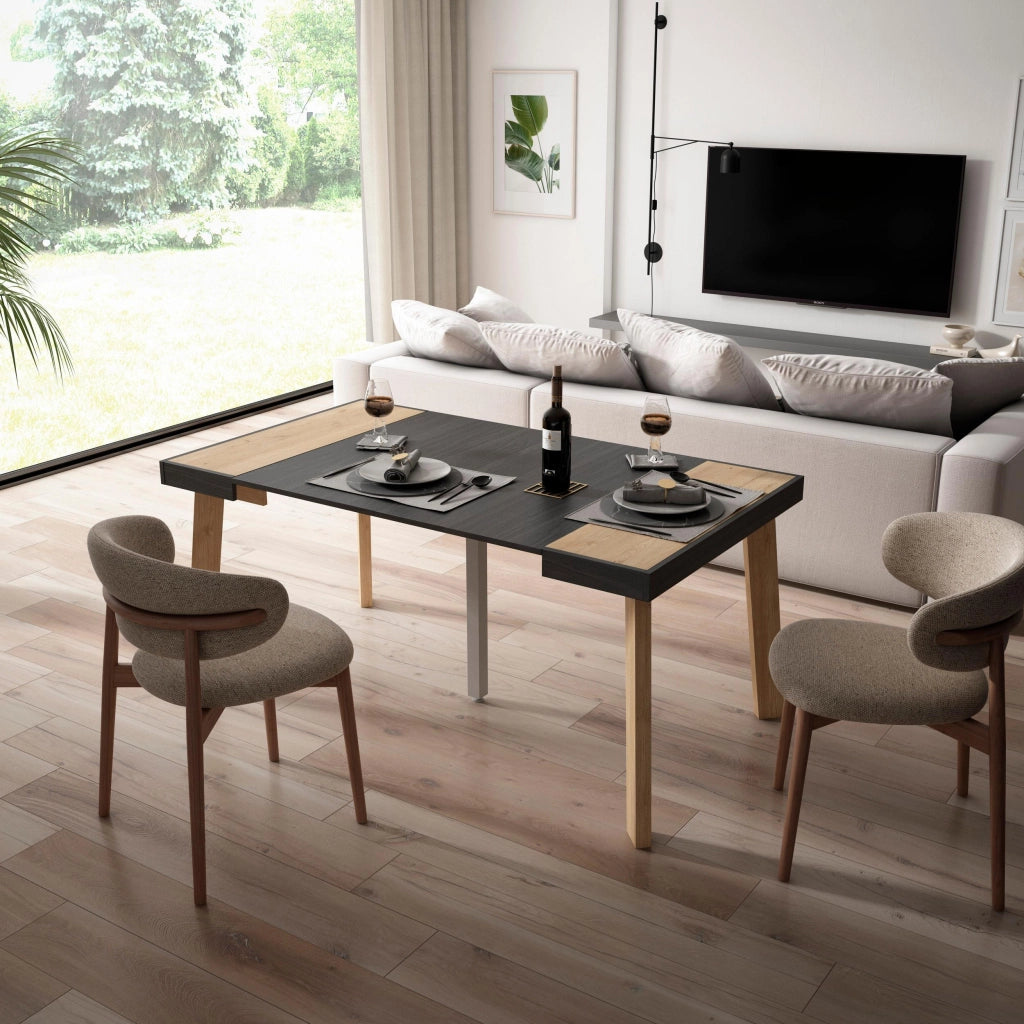 Consolle allungabile, 160x90x73cm, Per 8 persone, Gambe in legno, colore Rovere e nero RF3041