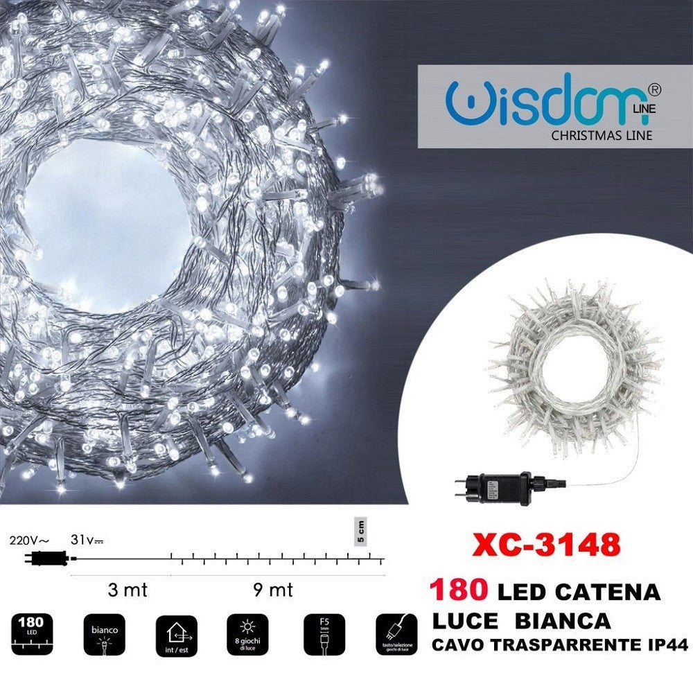 Trade Shop - Catena Luminosa 180 Luci Led Lucciole Luce Bianca Cavo Trasparente Ip44 Xc-3148 -